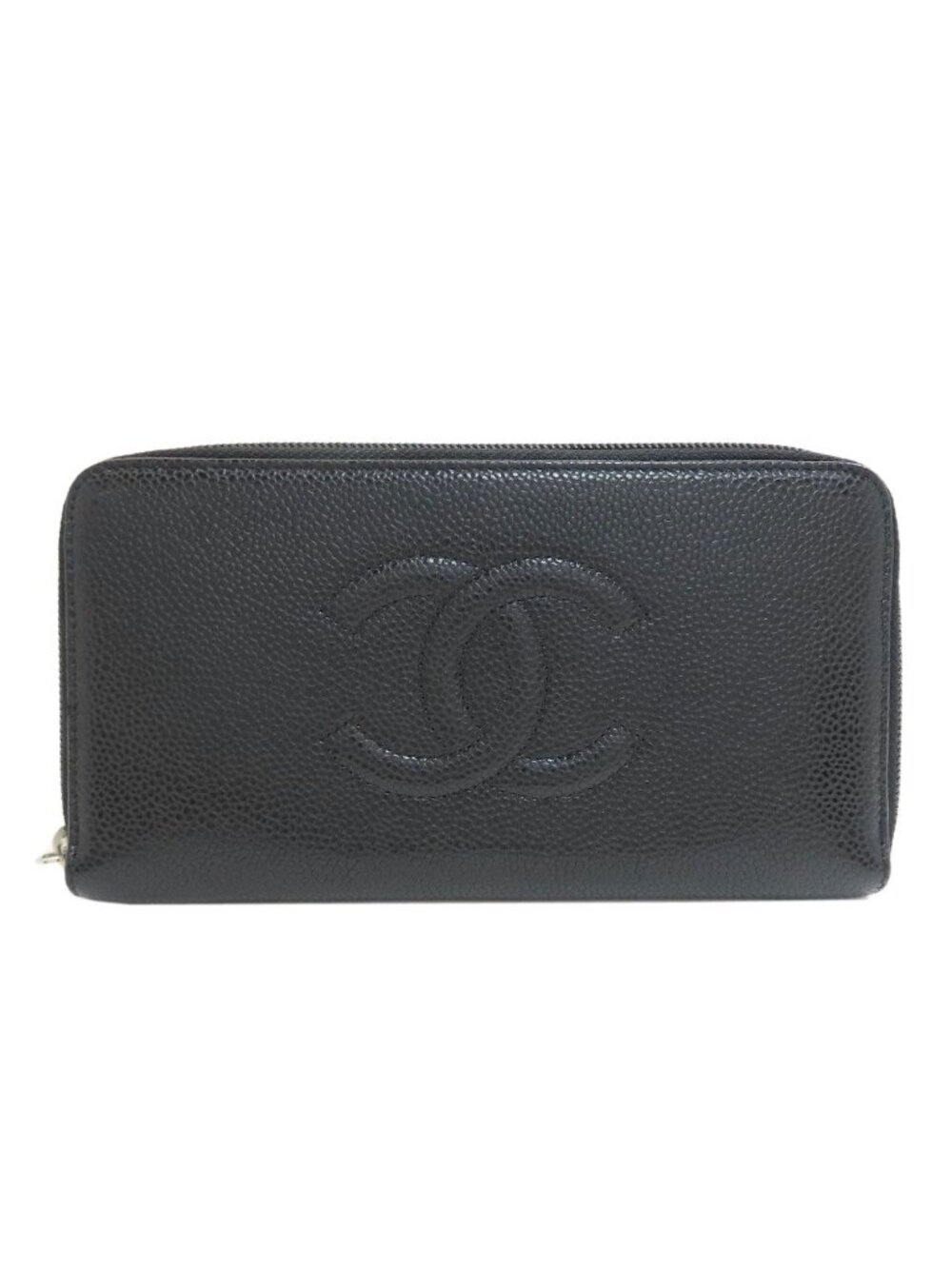 Chanel Zip Around CC Logo Silver Wallet Grained Calfskin